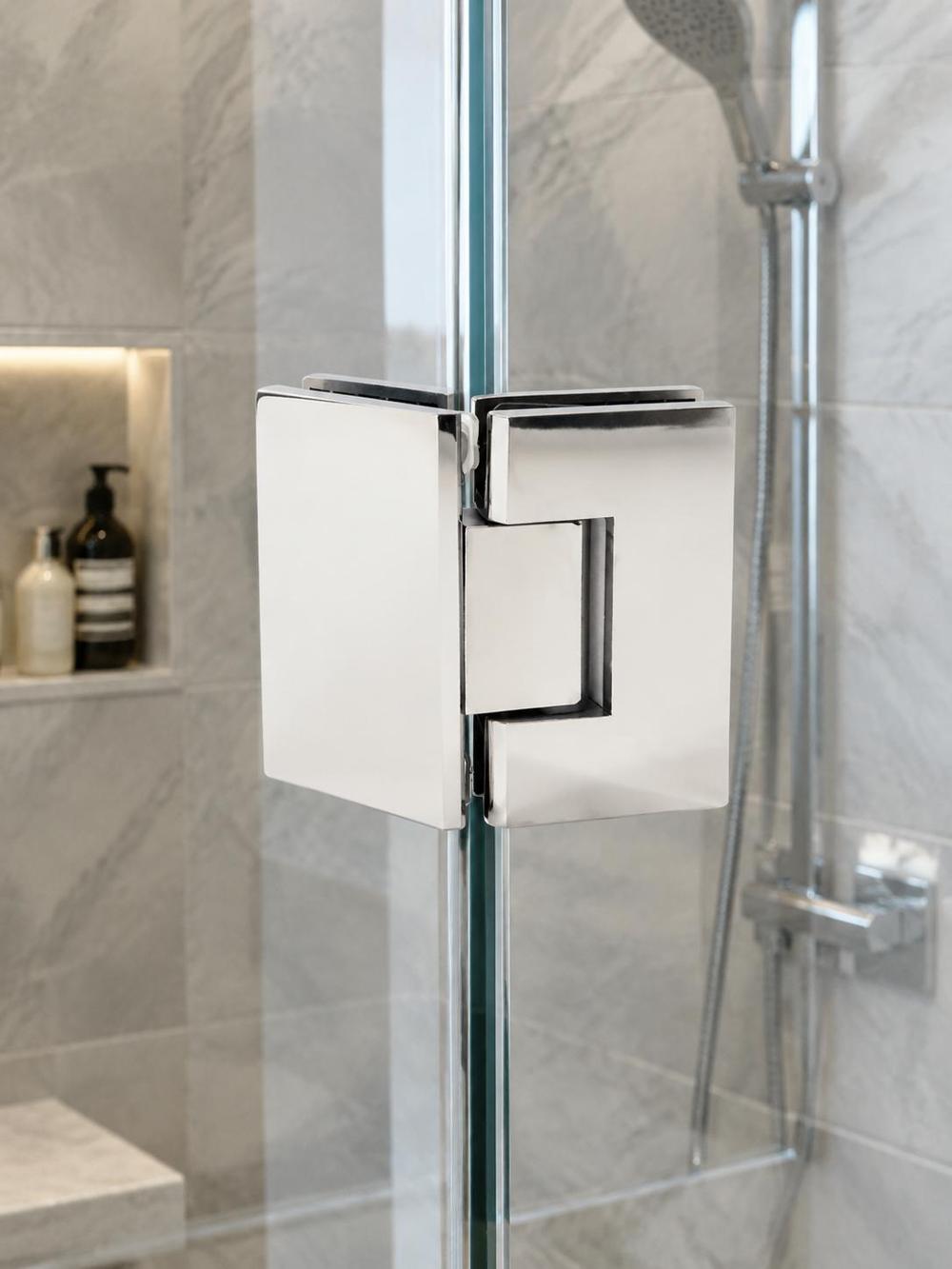 Side-profile view of glass shower door hinge showing pivot mechanism