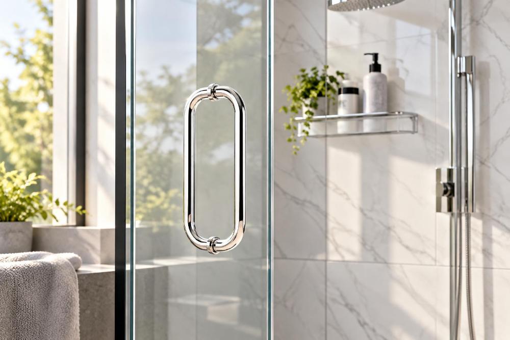 Detailed view of the stainless steel glass door lock showing the internal cast iron core and the polished steel protective shell