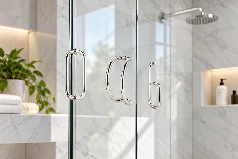 A close-up, top-down perspective of a rectangular glass door clip. The exterior is a polished chrome metal casing, while the interior reveals black rubber gaskets and a central circular mounting hole for the door pivot.