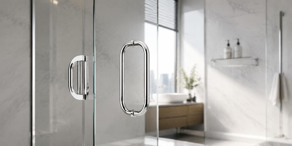 Frameless glass door lock hardware showing compression plates and mounting mechanism